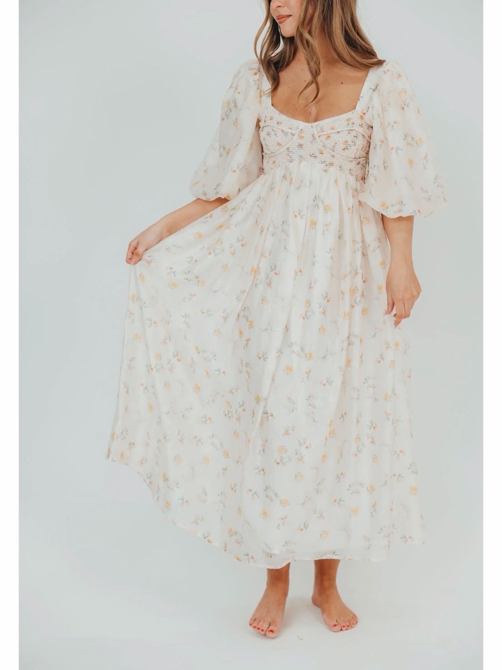 NWT Smocked Puff-Sleeve Worth Collective Maxi Dress in Yellow Floral